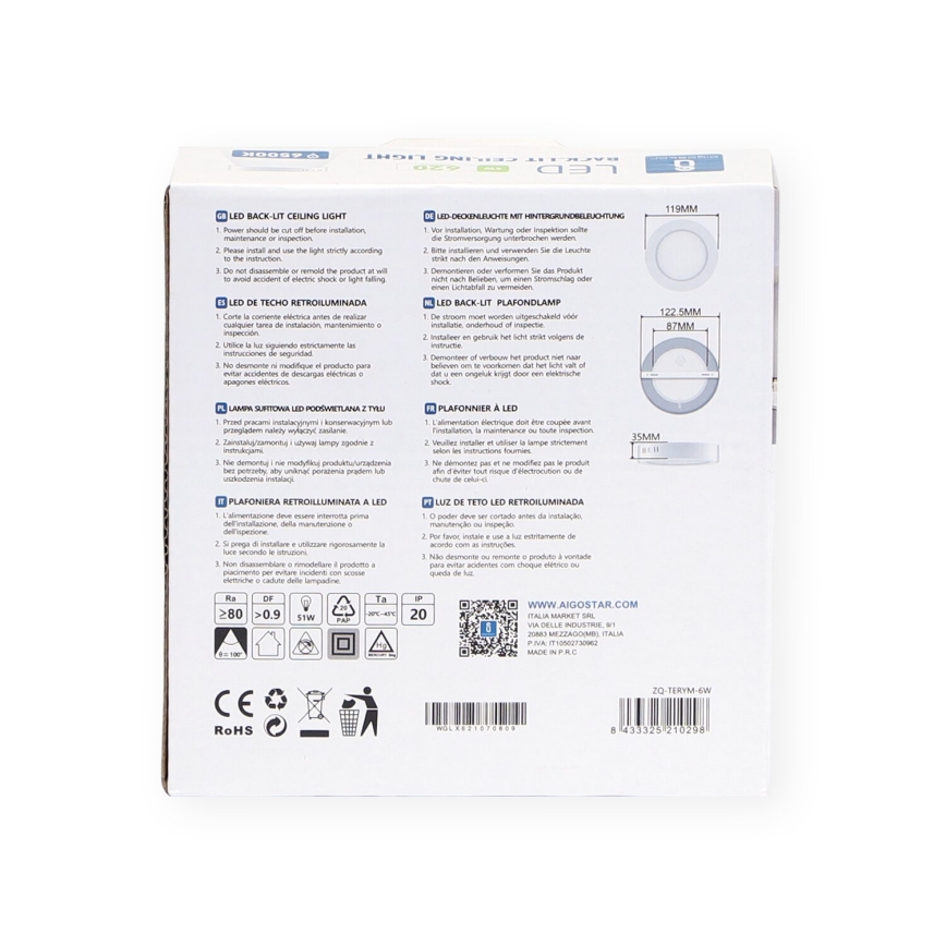 Aigostar - LED tvirtinamas lubinis šviestuvas LED/6W/230V diametras 12,3 cm 3000K balta