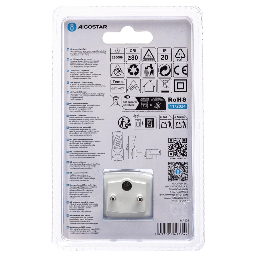 Aigostar - LED Naktinė lemputė su prieblandos jutikliu LED/0,2W/230V 3000K