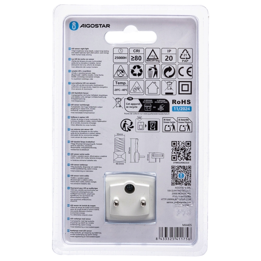Aigostar - LED Naktinė lemputė su prieblandos jutikliu LED/0,2W/230V 6500K