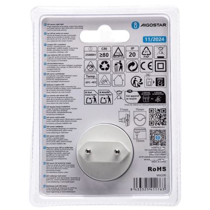 Aigostar - LED Naktinė lemputė su prieblandos jutikliu LED/0,5W/230V 3000K