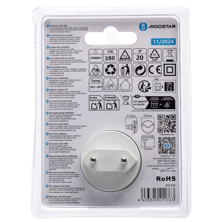 Aigostar - LED Naktinė lemputė su prieblandos jutikliu LED/0,5W/230V 3000K