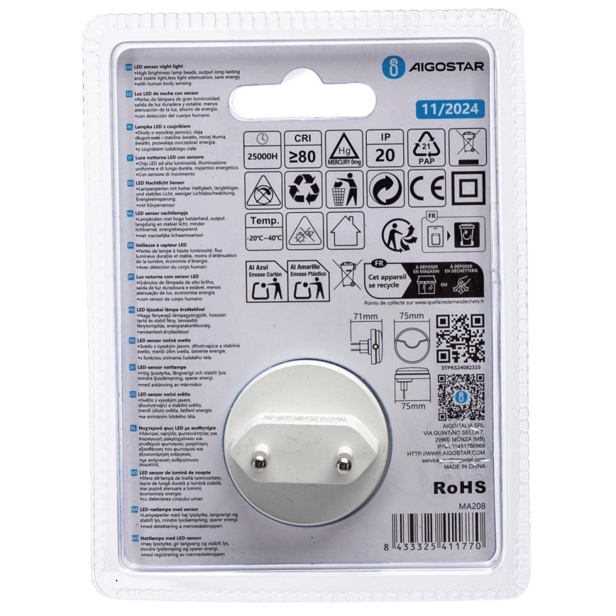 Aigostar - LED Naktinė lemputė su prieblandos jutikliu LED/0,5W/230V 6500K