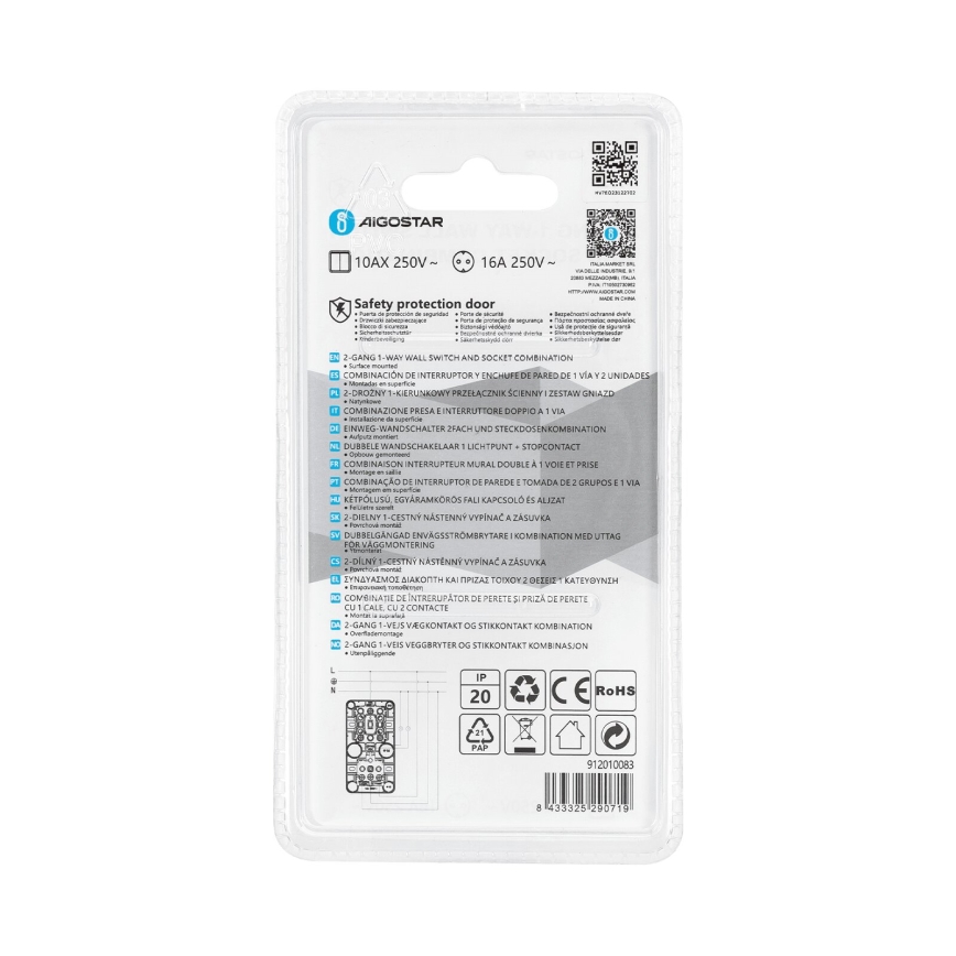 Aigostar - Namų jungiklis 2P su lizdu 1x10A/250V