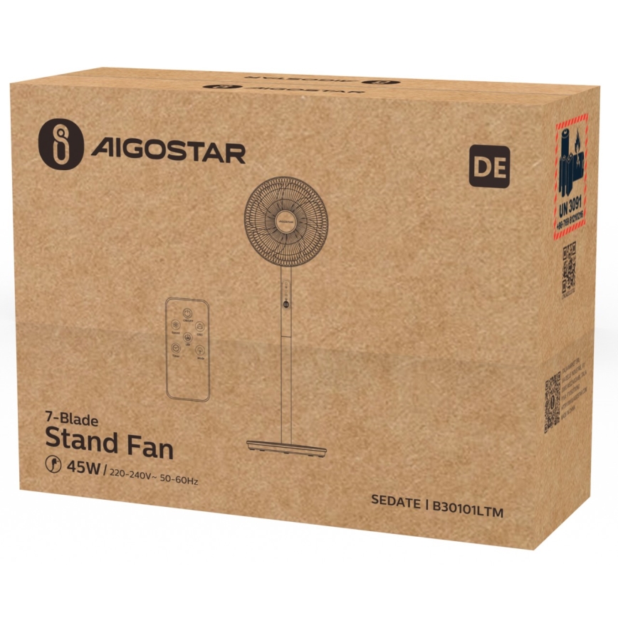 Aigostar - Pastatomas ventiliatorius 45W/230V balta + nuotolinio valdymo pultas