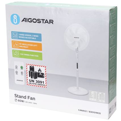 Aigostar - Pastatomas ventiliatorius 60W/230V balta + nuotolinio valdymo pultas