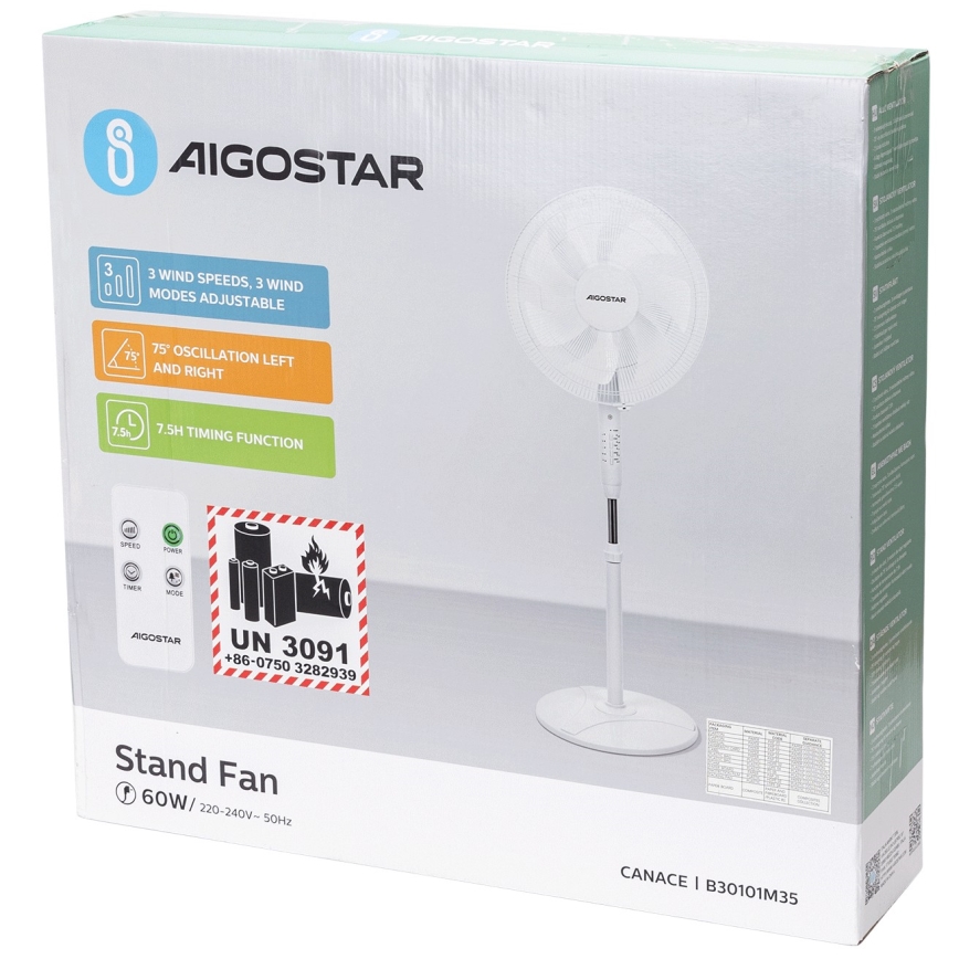 Aigostar - Pastatomas ventiliatorius 60W/230V balta + nuotolinio valdymo pultas