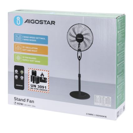 Aigostar - Pastatomas ventiliatorius 60W/230V juodas + nuotolinis valdymas