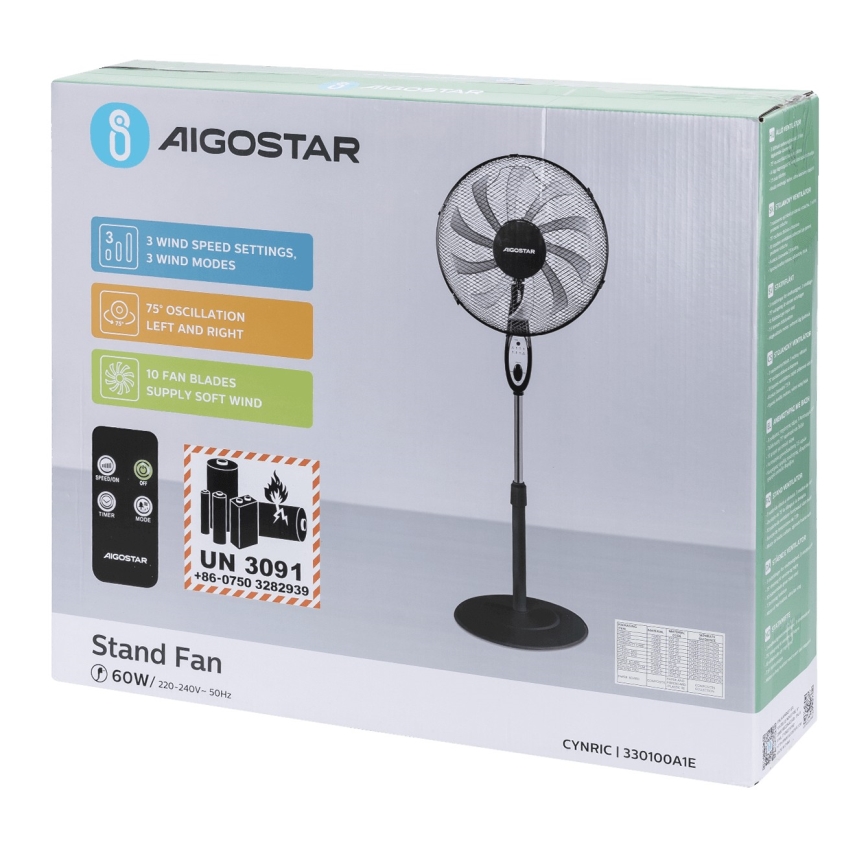 Aigostar - Pastatomas ventiliatorius 60W/230V juodas + nuotolinis valdymas