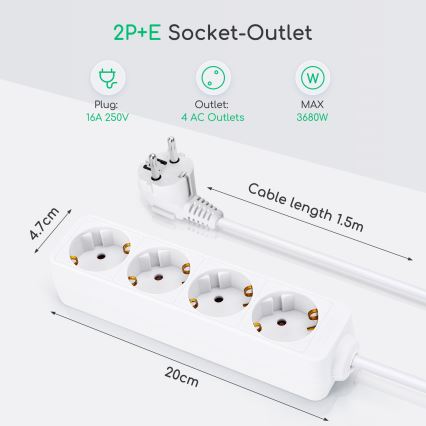 Aigostar - Prailginimo laidas 4Z Tipas F 1,5m balta SCHUKO