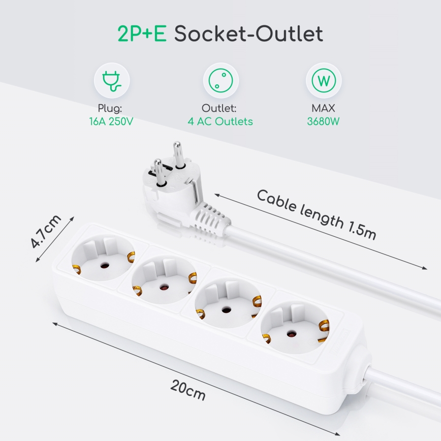 Aigostar - Prailginimo laidas 4Z Tipas F 1,5m balta SCHUKO