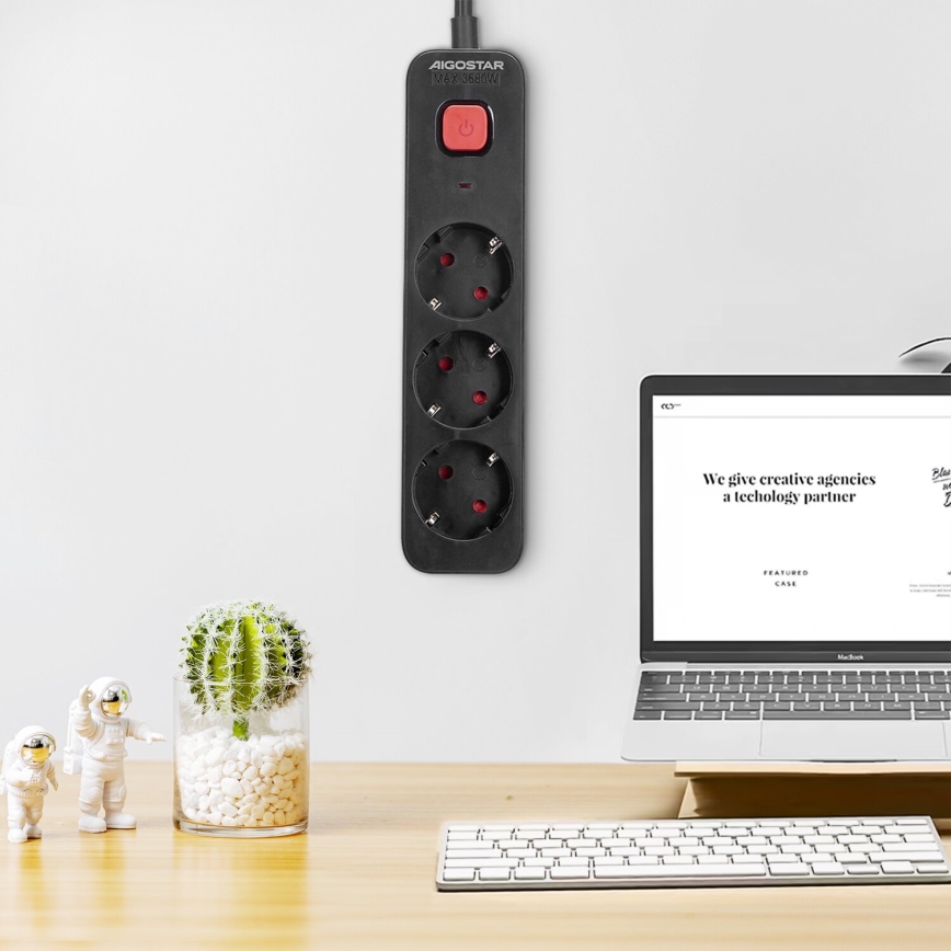 Aigostar - Prailgintuvas su jungikliu 3Z Tipas F 1,5m juoda