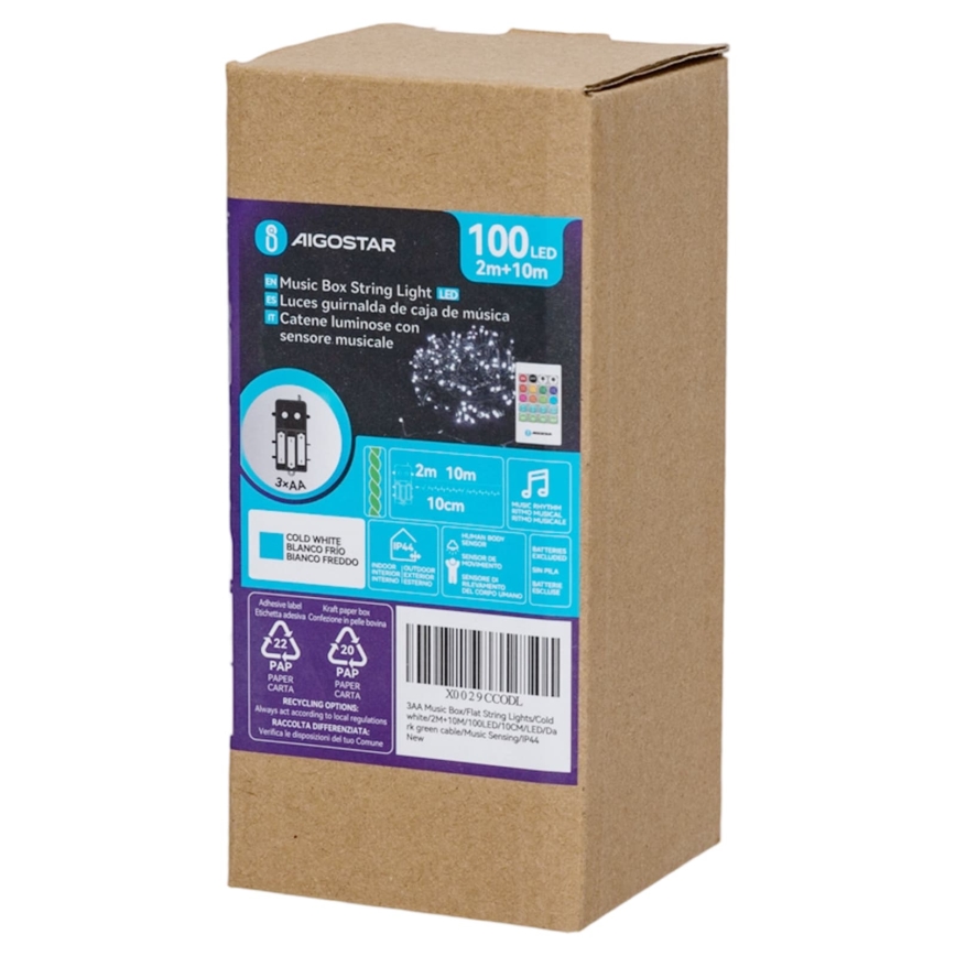 Aigostar - LED reguliuojama lauko kalėdinė girlianda su judesio jutikliu 100xLED/3xAA 12m šaltai balta + nuotolinis valdymas