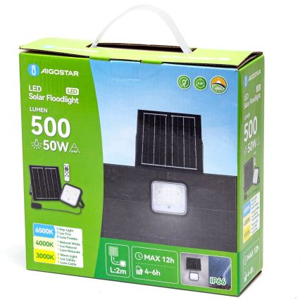 Aigostar - Reguliuojamas saulės LED prožektorius LED/50W/3,4V 3000/4000/6500K IP66 4000 mAh + nuotolinis valdymas