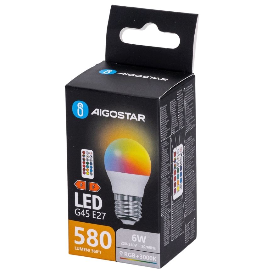 Aigostar - RGBW LED dimeriuojama lemputė G45 E27/6W/230V 3000K + nuotolinio valdymo pultas