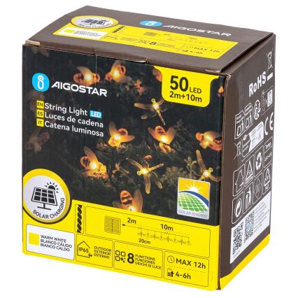 Aigostar - LED saulės dekoratyvinė girlianda 50xLED/8 funkcijų 10 m 800 mAh IP65 šiltai balta