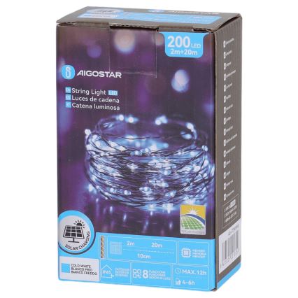 Aigostar - LED saulės girlianda 200 LED/8 funkcijų 22 m IP65 šaltai balta 800 mAh