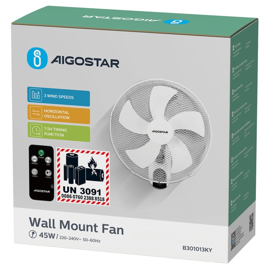 Aigostar -  Sieninis ventiliatorius 45W/230V balta + nuotolinio valdymo pultas