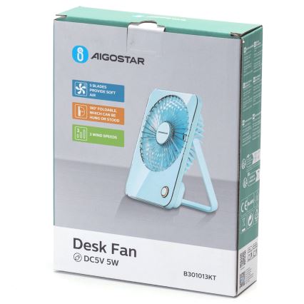 Aigostar - Stalinis įkraunamas ventiliatorius 5W/5V 3600mAh USB mėlynas