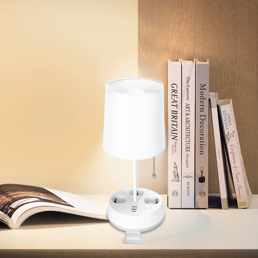 Aigostar - stalinis šviestuvas su elektros lizdais ir USB prievadais 1xE27/60W/230V baltas