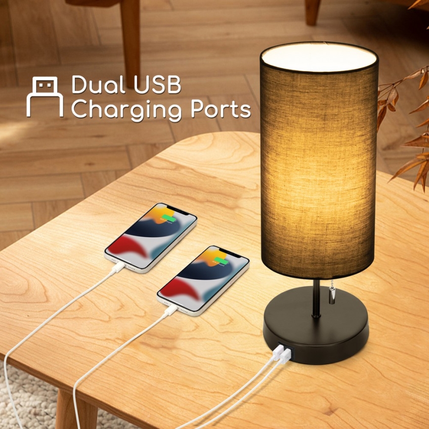 Aigostar - Stalinis šviestuvas su USB prievadu 1xE27/40W/230V juoda