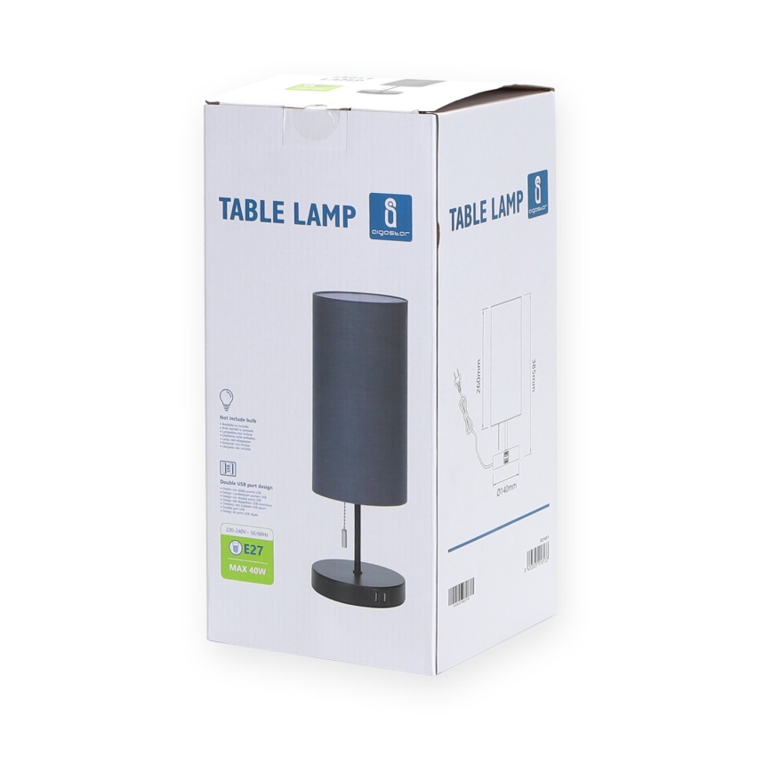 Aigostar - Stalinis šviestuvas su USB prievadu 1xE27/40W/230V juoda