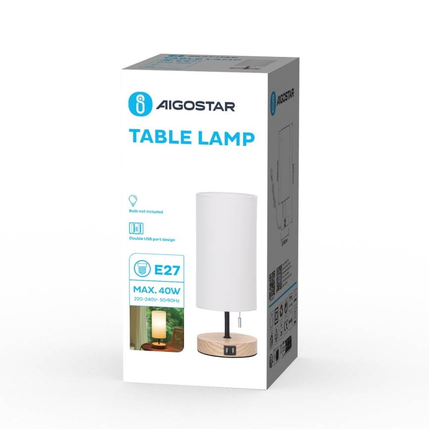 Aigostar - Stalinis šviestuvas su USB prievadu 1xE27/40W/230V smėlio spalva