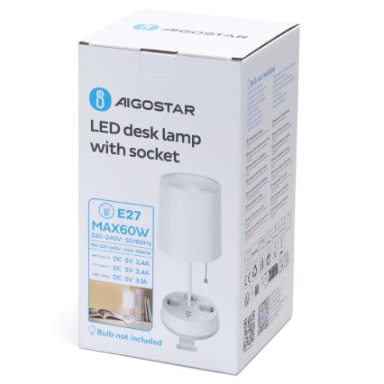 Aigostar - Stalo lemputė su lizdais ir USB prievadais 1xE27/60W/230V balta