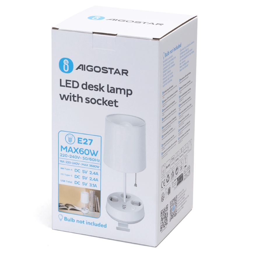 Aigostar - Stalo lemputė su lizdais ir USB prievadais 1xE27/60W/230V balta
