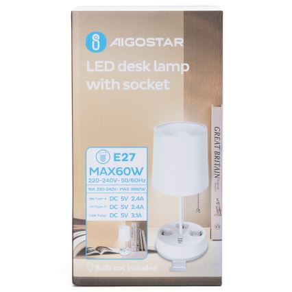 Aigostar - Stalo lemputė su lizdais ir USB prievadais 1xE27/60W/230V balta