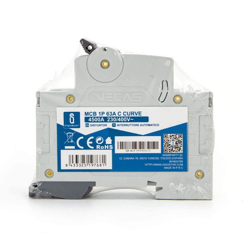 Aigostar - Vienfazis automatinis išjungiklis 1P-63A-C 230-400V