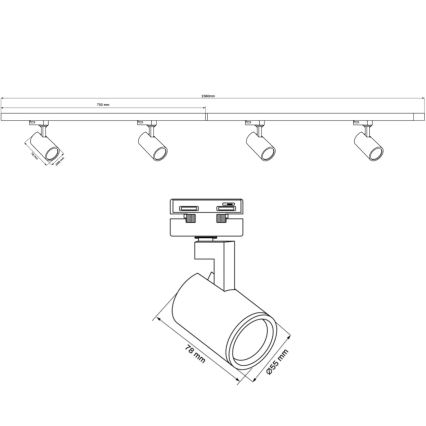 Akcentinis šviestuvas bėgių sistemai LYNX 4xGU10/10W/230V + 2 x 75 cm bėgių sistema balta