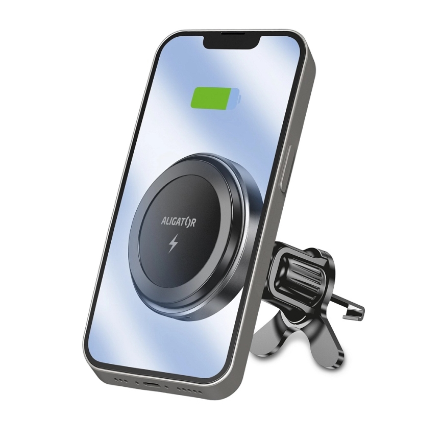 Aligator AMS05BK - Magnetinis telefono laikiklis automobiliui su belaidžiu Qi 15W įkrovimu ir MagSafe, juodas