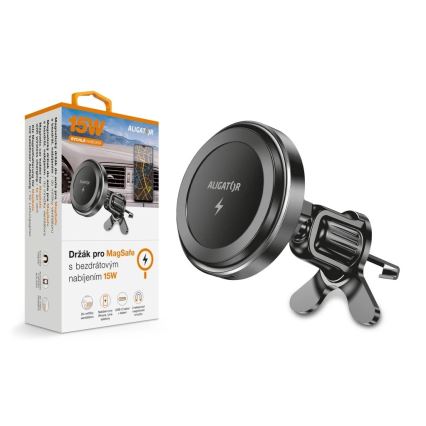 Aligator AMS05BK - Magnetinis telefono laikiklis automobiliui su belaidžiu Qi 15W įkrovimu ir MagSafe, juodas