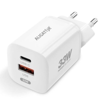 Aligator CHPD0020 - 33 W greito įkrovimo GaN adapteris su Power Delivery, USB-A + USB-C, baltas
