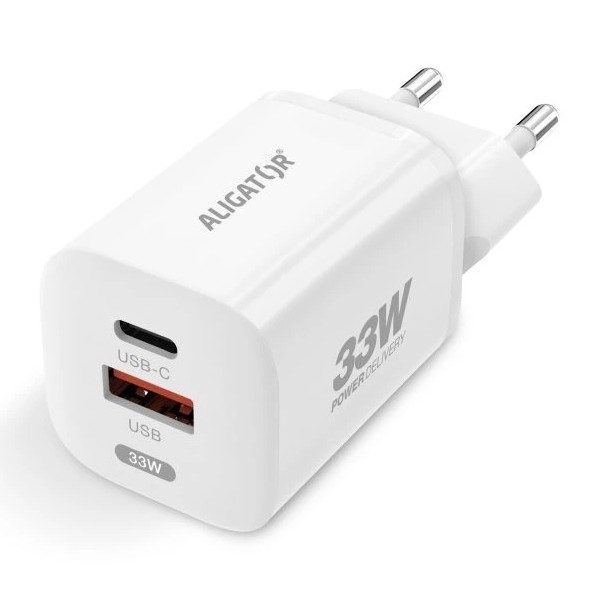 Aligator CHPD0020 - 33 W greito įkrovimo GaN adapteris su Power Delivery, USB-A + USB-C, baltas