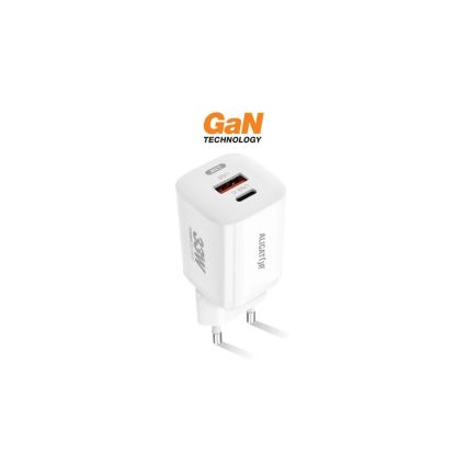 Aligator CHPD0020 - 33 W greito įkrovimo GaN adapteris su Power Delivery, USB-A + USB-C, baltas