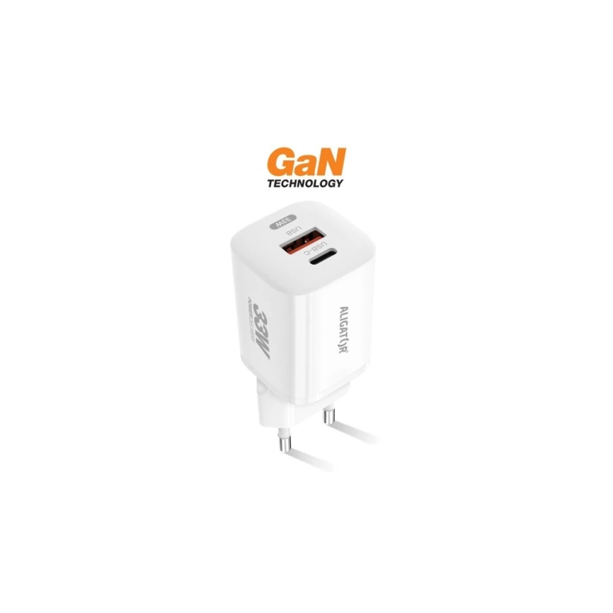 Aligator CHPD0020 - 33 W greito įkrovimo GaN adapteris su Power Delivery, USB-A + USB-C, baltas