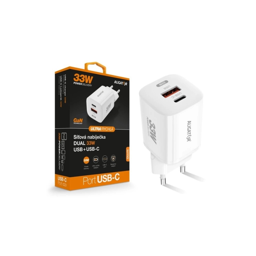 Aligator CHPD0020 - 33 W greito įkrovimo GaN adapteris su Power Delivery, USB-A + USB-C, baltas