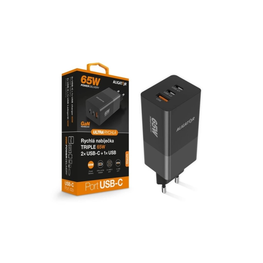 Aligator CHPD0027 - Greito įkrovimo GaN Power Delivery adapteris 65 W, 2x USB-C + USB-A, juodas