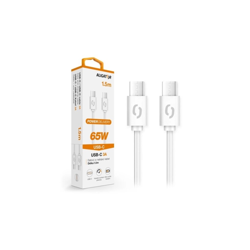 Aligator DATKP49 - USB kabelis USB-C / USB-C, 65 W Power Delivery (PD), 1,5 m, baltas