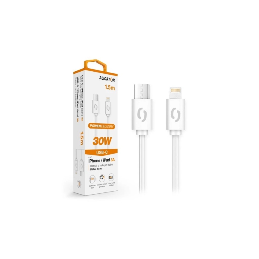 Aligator DATKP51 - USB kabelis USB-C / Lightning, 30 W Power Delivery, 1,5 m, baltas