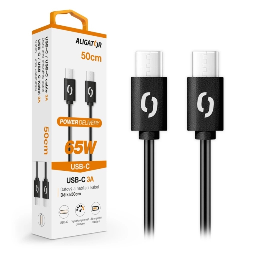 Aligator DATKP54 - USB kabelis USB-C / USB-C, 65 W Power Delivery, 0,5 m, juoda