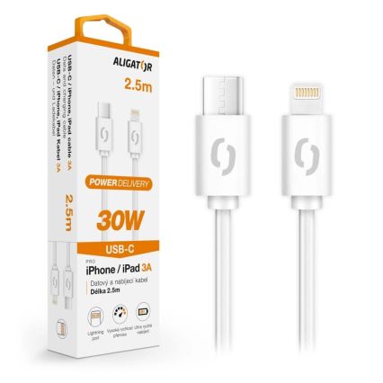 Aligator DATKP61 - USB kabelis USB-C / Lightning, 30 W Power Delivery, 2,5 m, baltas