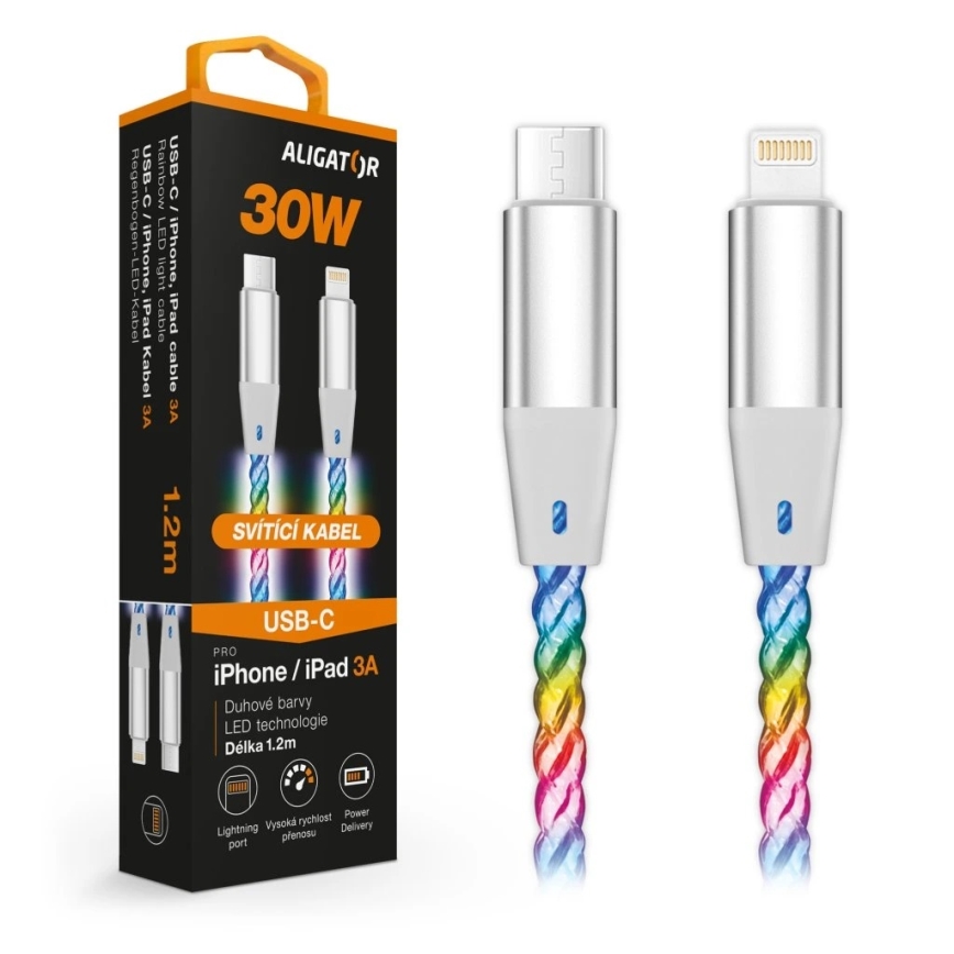 Aligator DATKP63 - USB laidas USB-C / Lightning su LED apšvietimu, 30 W Power Delivery (PD), 1,2 m