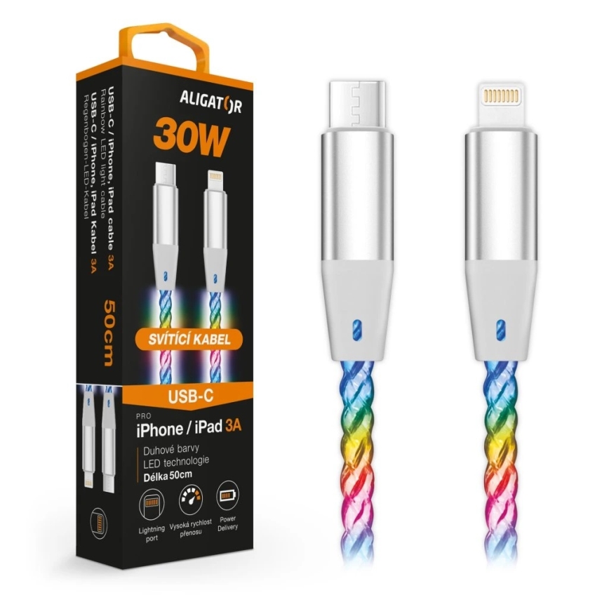 Aligator DATKP65 - USB laidas USB-C / Lightning su LED apšvietimu, 30 W Power Delivery, 0,5 m