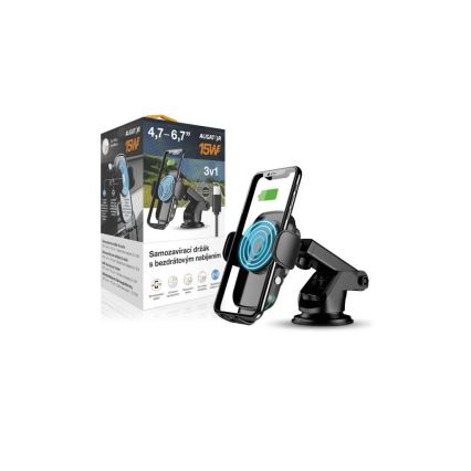 Aligator HAK2 - automatiškai užsidarantis automobilinis telefono laikiklis su 15 W Qi belaidžiu įkrovimu, juodas