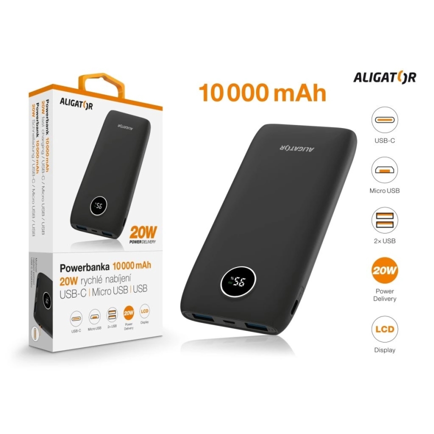 Aligator PBPD10BK - Powerbankas su LCD ekranu ir Power Delivery 10000 mAh/20W/3,7V, juodas