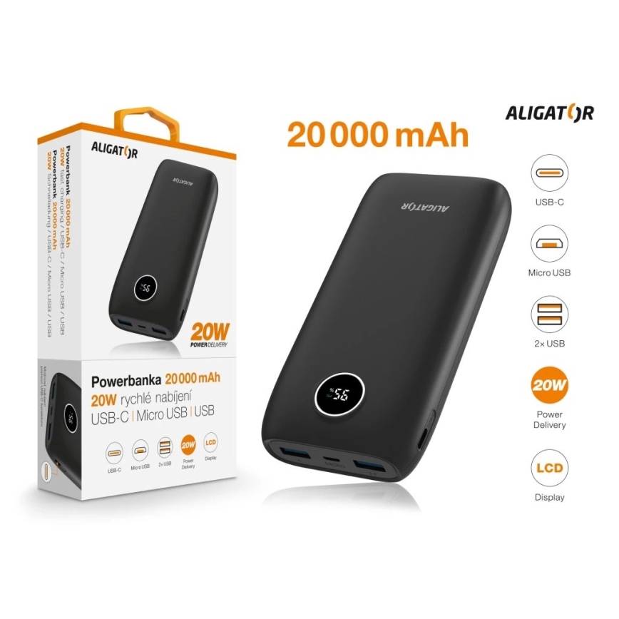 Aligator PBPD20BK - išorinė baterija su LCD ekranu Power Delivery 20000 mAh/20W/3,7V juoda