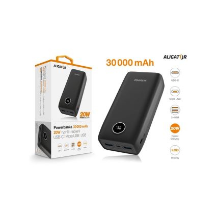 Aligator PBPD30BK - powerbankas su LCD ekranu, Power Delivery, 30000 mAh/20 W/3,7 V, juoda