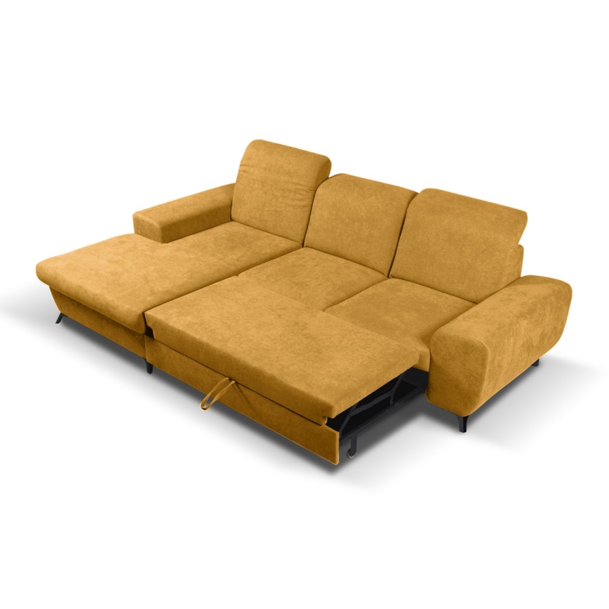 Išskleidžiama kairinė L formos apmušta kampinė sofa ALTA, geltona, su talpia daiktadėže
